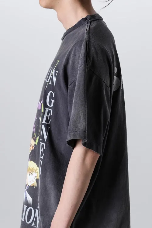 SAINT Mxxxxxx × EVANGELION NEON GNSIS TEE/BLK co-branded Neon Genesis Evangelion distressed short-sleeves, washed black S-XL, vintage NEW VINTAGE, top printing technology, garment dyeing, re-washed, distressed, correct co-branded main mark/washing mark